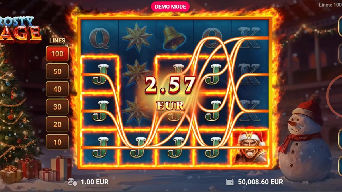 Gladiador com gorro de Papai Noel e Imperador Romano em cenário de slot natalino com neve