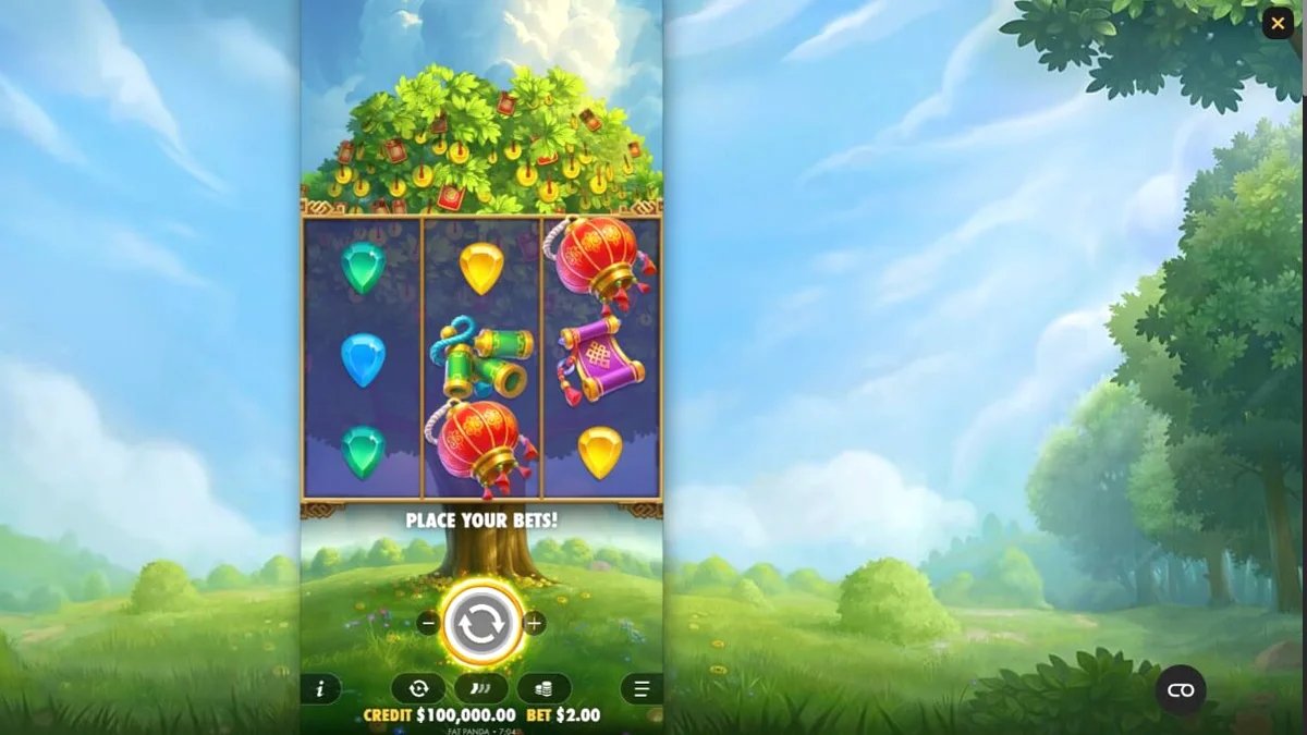 Visual vibrante e sereno do slot Lucky Fortune Tree com elementos asiáticos e árvore da fortuna